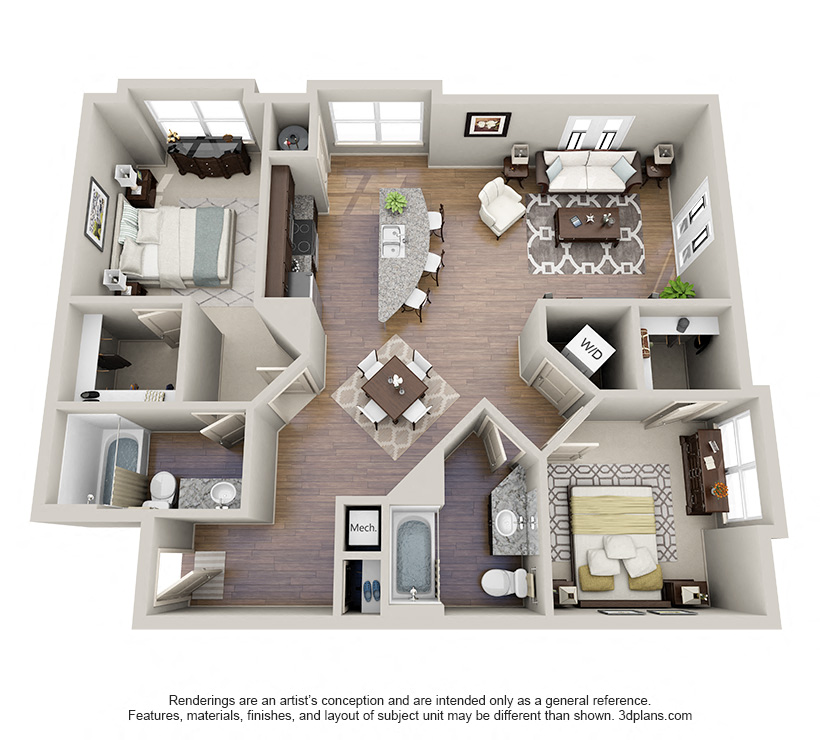 Floor plan for 2 beds, 2 baths, 1111 sqft